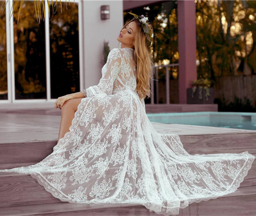 European-American Lace Embroidery Beach Cover-up: Sexy, Loose See-through Vacation Cardigan Dress