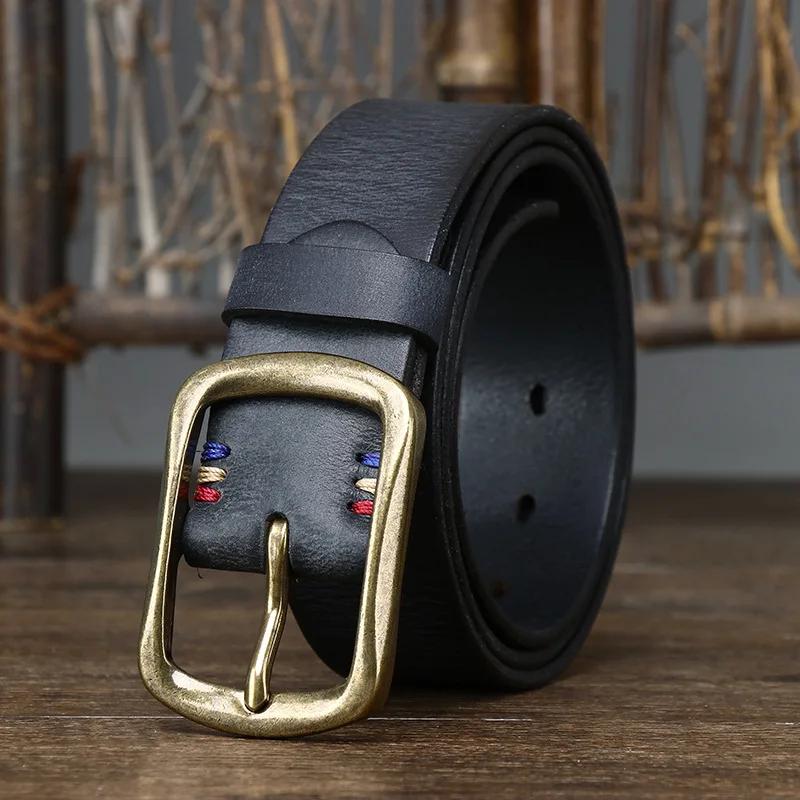 3.8 Wide Pure Cowhide Genuine Leather for Men's High Quality Jeans Brass Buckle Belts Cowboy Waistband Male Fashion Designer