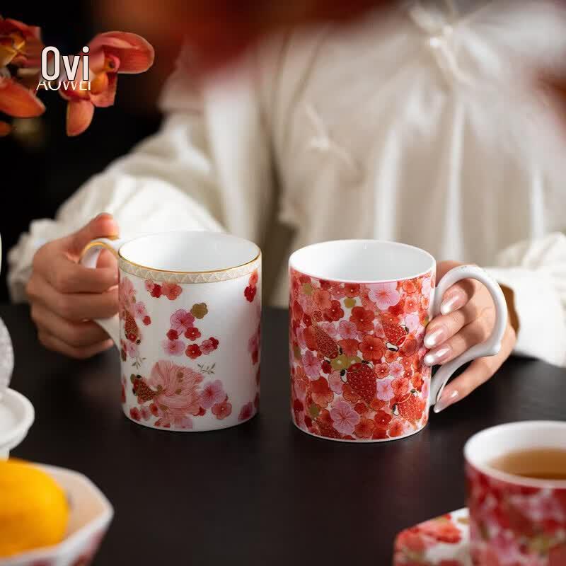 Aowei Jingdezhen Rich Flower Ceramic Couple Mugs