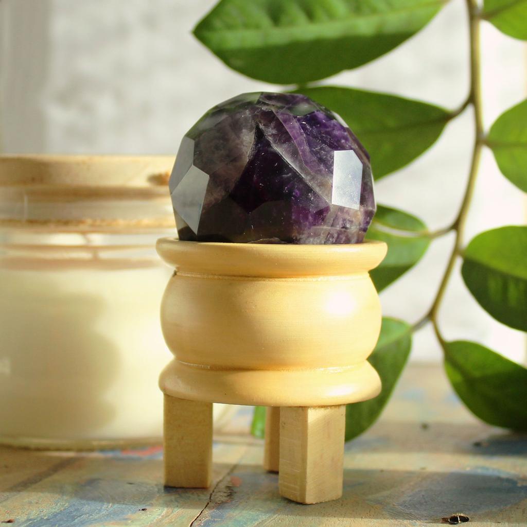 Amethyst Crystal Faceted Sphere with Wooden Stand