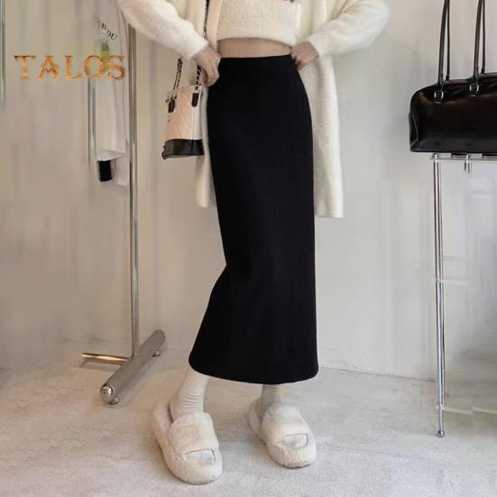 Women Maxi Skirt Elastic High Waist Hip Wrapped Long Skirt Solid Color Casual Knitting Skirt Daily Wear