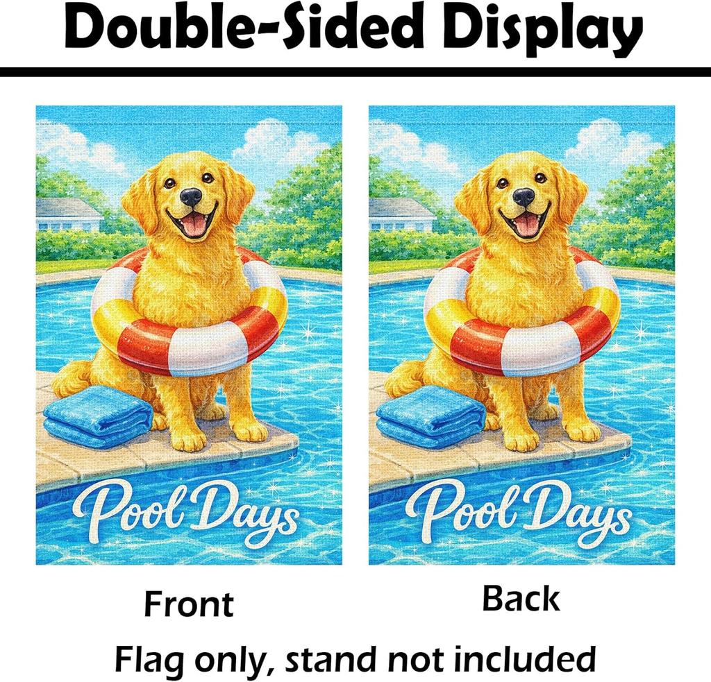 Heyfibro Pool Days Garden Flag – 12x18 Inch Double Sided Summer Happy Golden Retriever Design, Summer Yard Flag for Dog Love