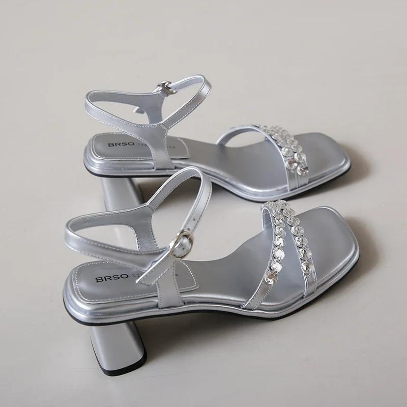 

Fashion Shiny Crystal Slippers Women s Luxury Rhinestone Mid Heel Sandals Womens Boho Silver Strange Heel Lace Up Summer Shoes Size34-40 34 серебряный