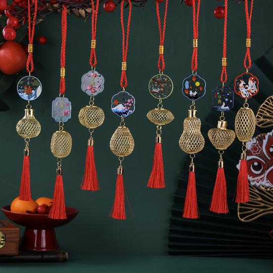 Chinese New Year Decoration Mini Golden Hollow Lantern Ornament Lucky Hanging Tassel Pendant for Fortune Wealth Success Home Kitchen Bonsai Tree Car