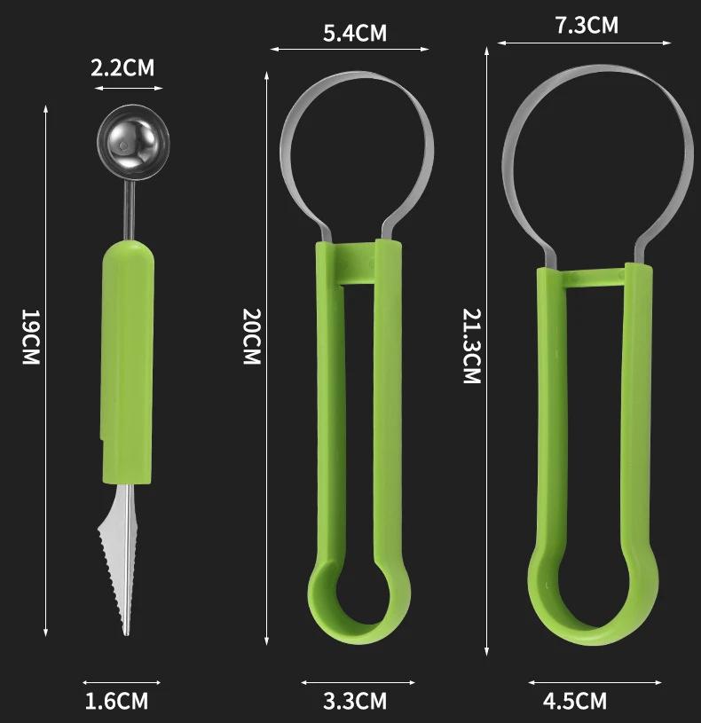 Stainless Steel 3 In 1 Melon Slicer Cutter Scoop Digger Ball Spoon Carving Knife Fruit Vegetable Separator Kitchen Gadgets Tools