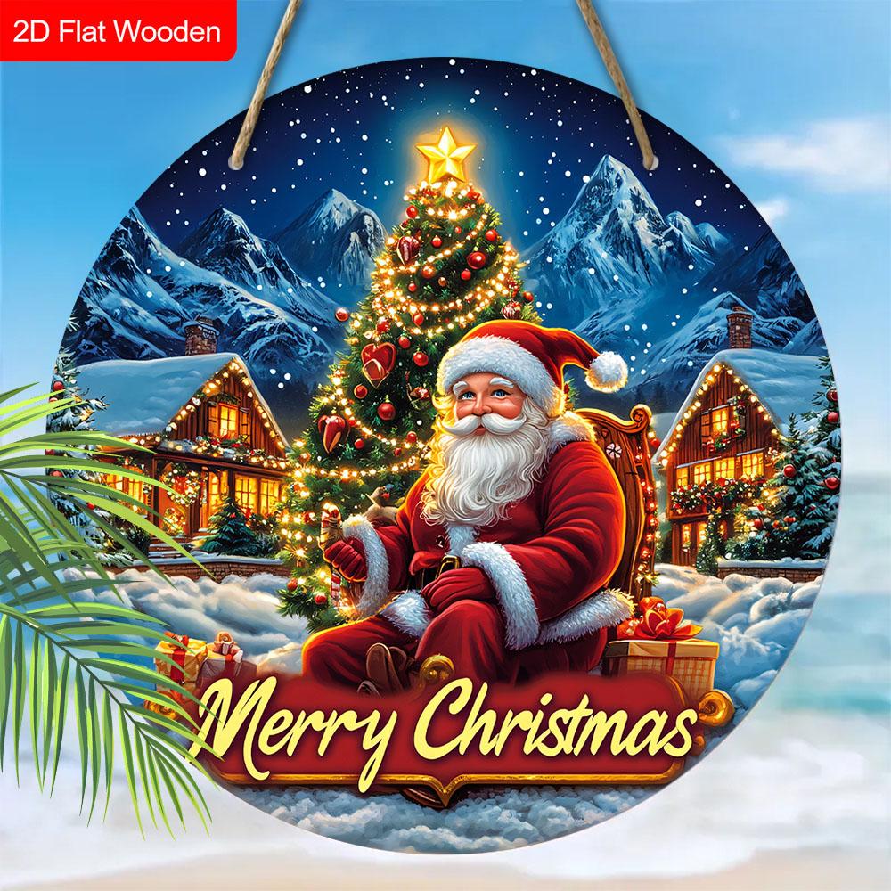 Merry Christmas Wooden Sign with Santa Claus Pattern - Navidad Round Sign for Front Door, Wall Hanging Decor - Ideal Christmas Decoration