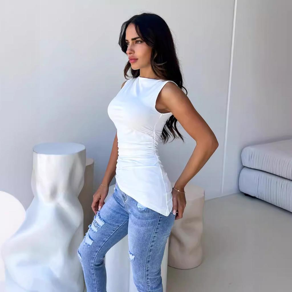 Hot-selling crew neck top in Europe and America, sexy sleeveless women's clothing, new pleated irregular top for women