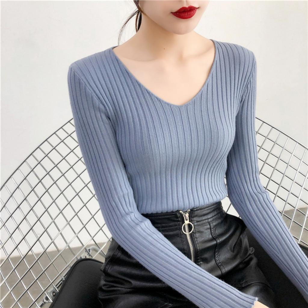 V-neck Sweater, Knitted Sweater, Women's Sweater, Stretch Sweater, Pullover Sweater, Slim Fit Sweater, Base Coat, Inner Layer, Top Coat