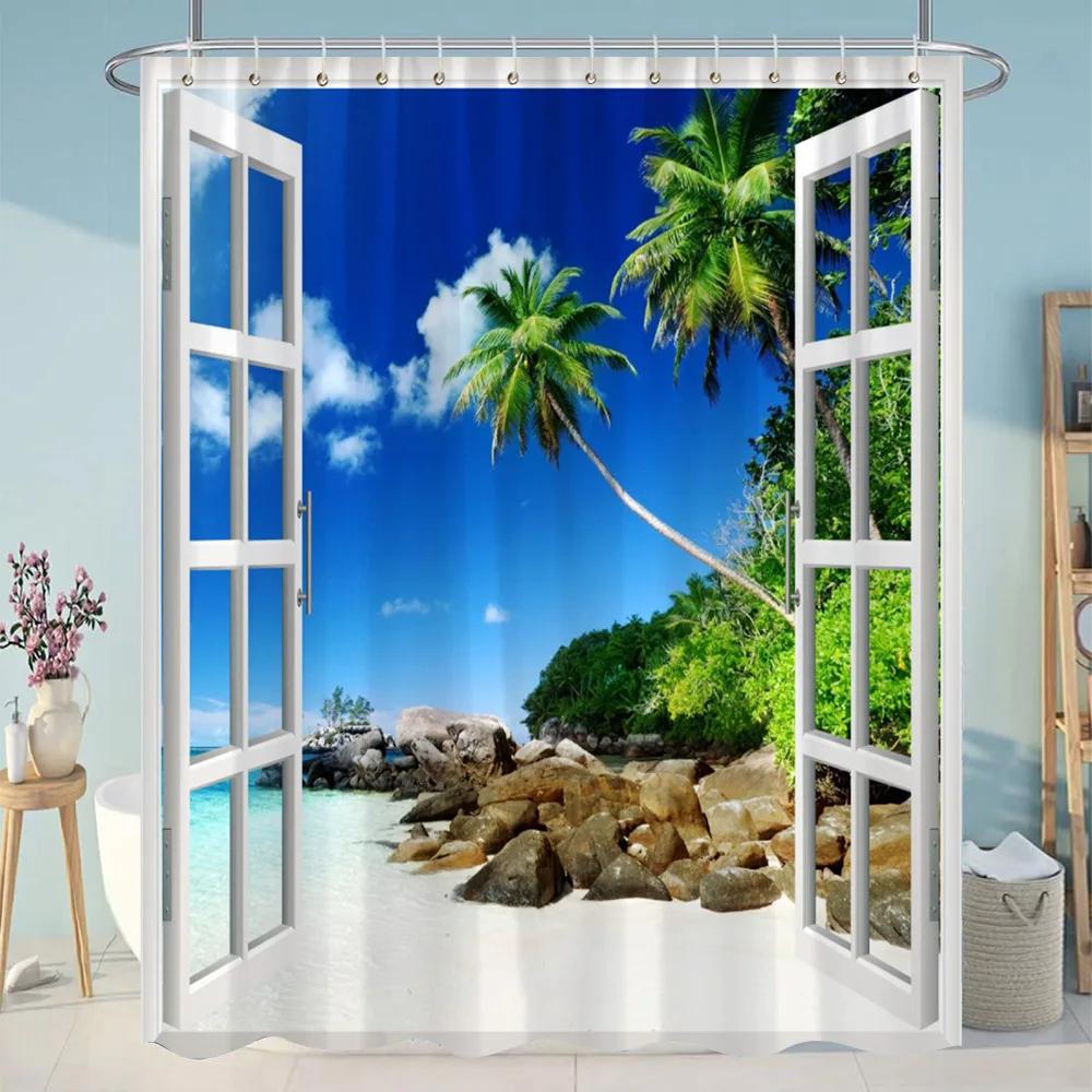 

Simulation Window Beach Forest Outdoor Shower Curtain Tropical Seaside Landscape Bohemian Cloth Hanging Curtains Bathroom Decor W60H190(CM)-1 Pcs