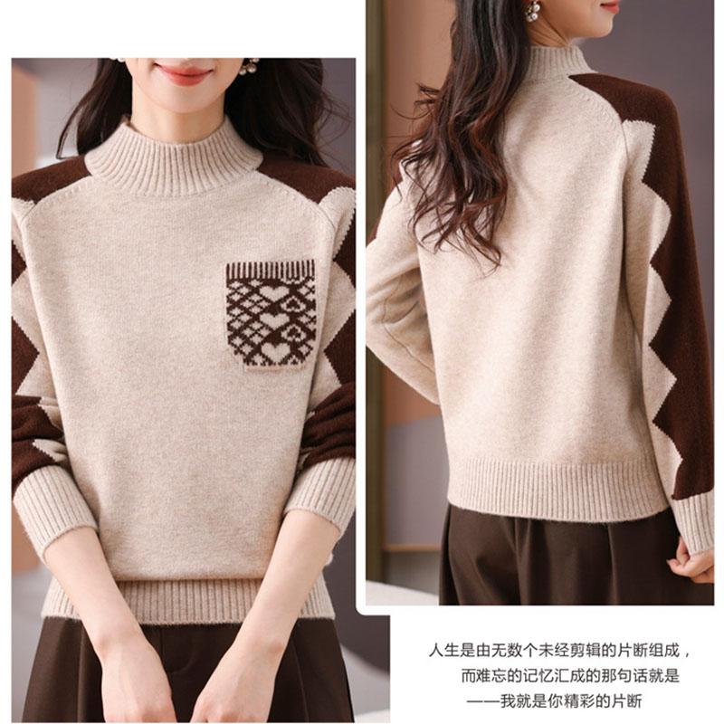 Women's Printed Sweater Autumn Winter Thick Soft Mock Turtleneck Sweater Color Block Loose Knit Pullover Top