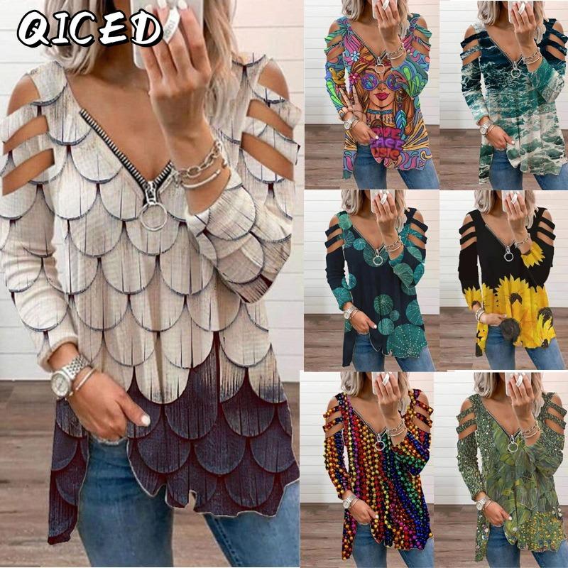 QICED Bluse e Camicie Casual da Donna a Manica Lunga con Scollo a V