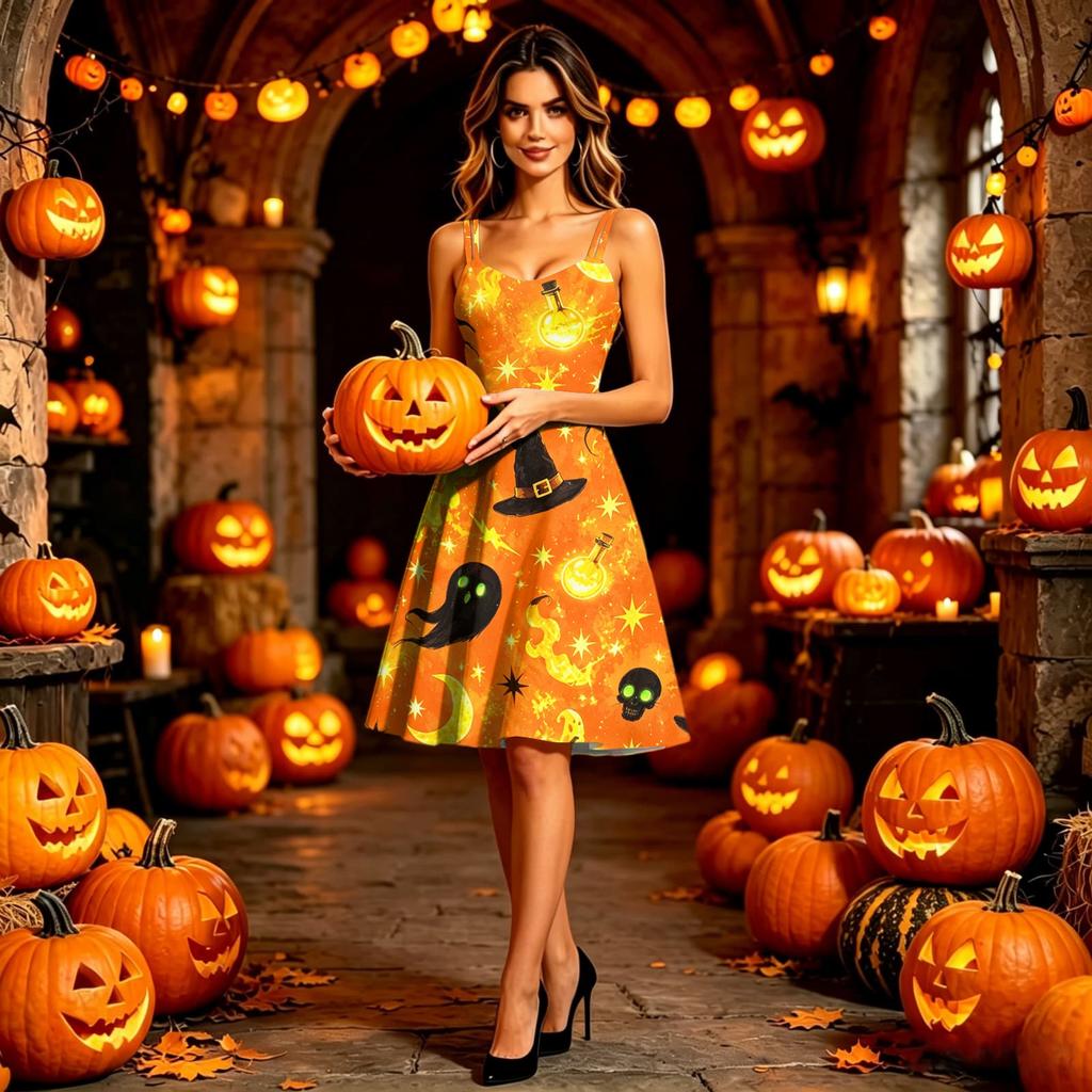 Womens Halloween Print Dress Sleeveless Spaghetti Strap Off Shoulder Fit and Flare Midi Dress Casual Party Dress