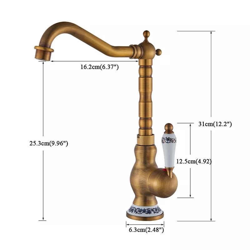 Antique Brass Basin Faucet Creamic Single Handle Hot And Cold Mixer Tap 360 Rotation Deck Mount Bathroom Crane Kitchen Faucet