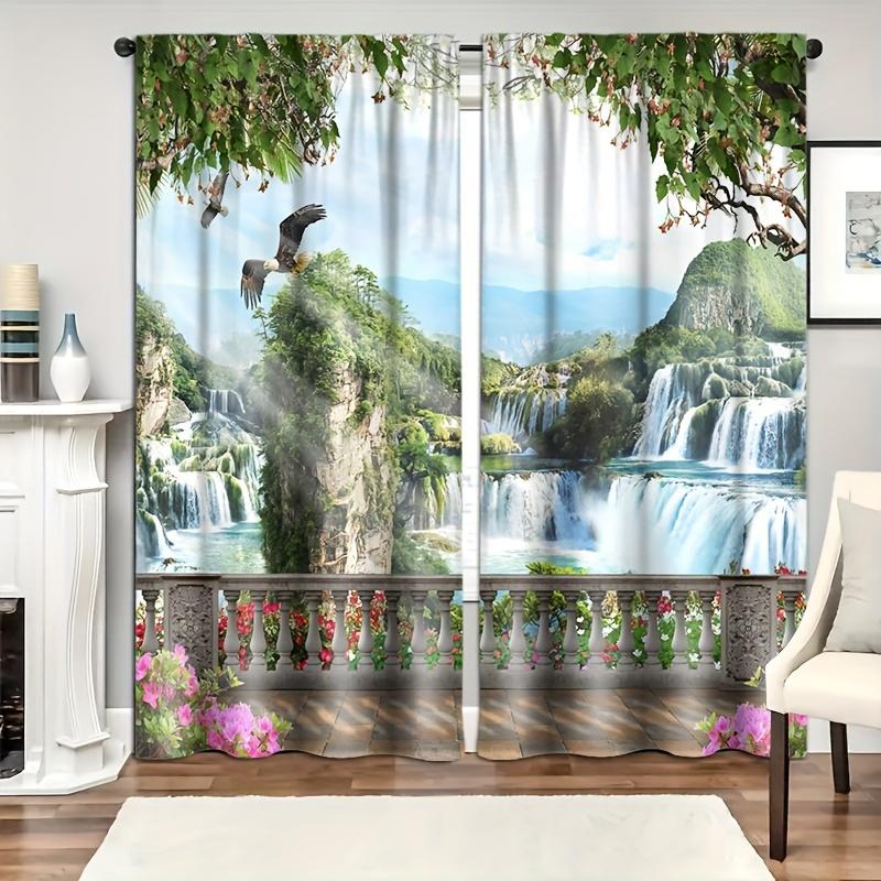 2 Pieces Stunning Forest Waterfall Landscape Curtain for Home Decor Rod Pocket Window Treatment for Bedroom Office Kitchen
