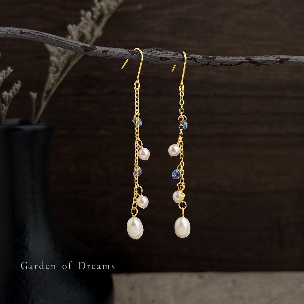 Chinese Freshwater Pearl Tassel Earrings with Blue Zircon - Elegant, Luxurious, Cool Aesthetic
