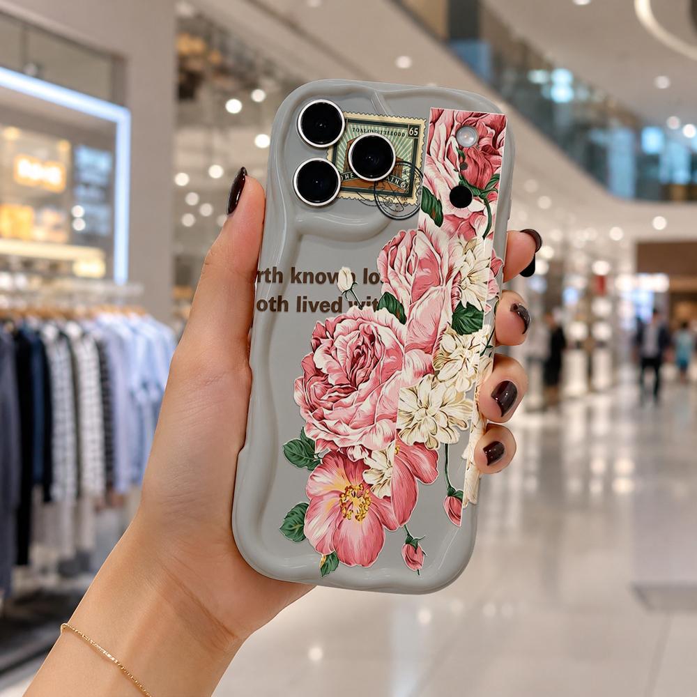 Vintage Stamp Peony Floral Hand Script Wavy Edge Phone Case For iPhone 17 16 15 14 13 12 11 8 7 Plus Pro Max Retro Cover