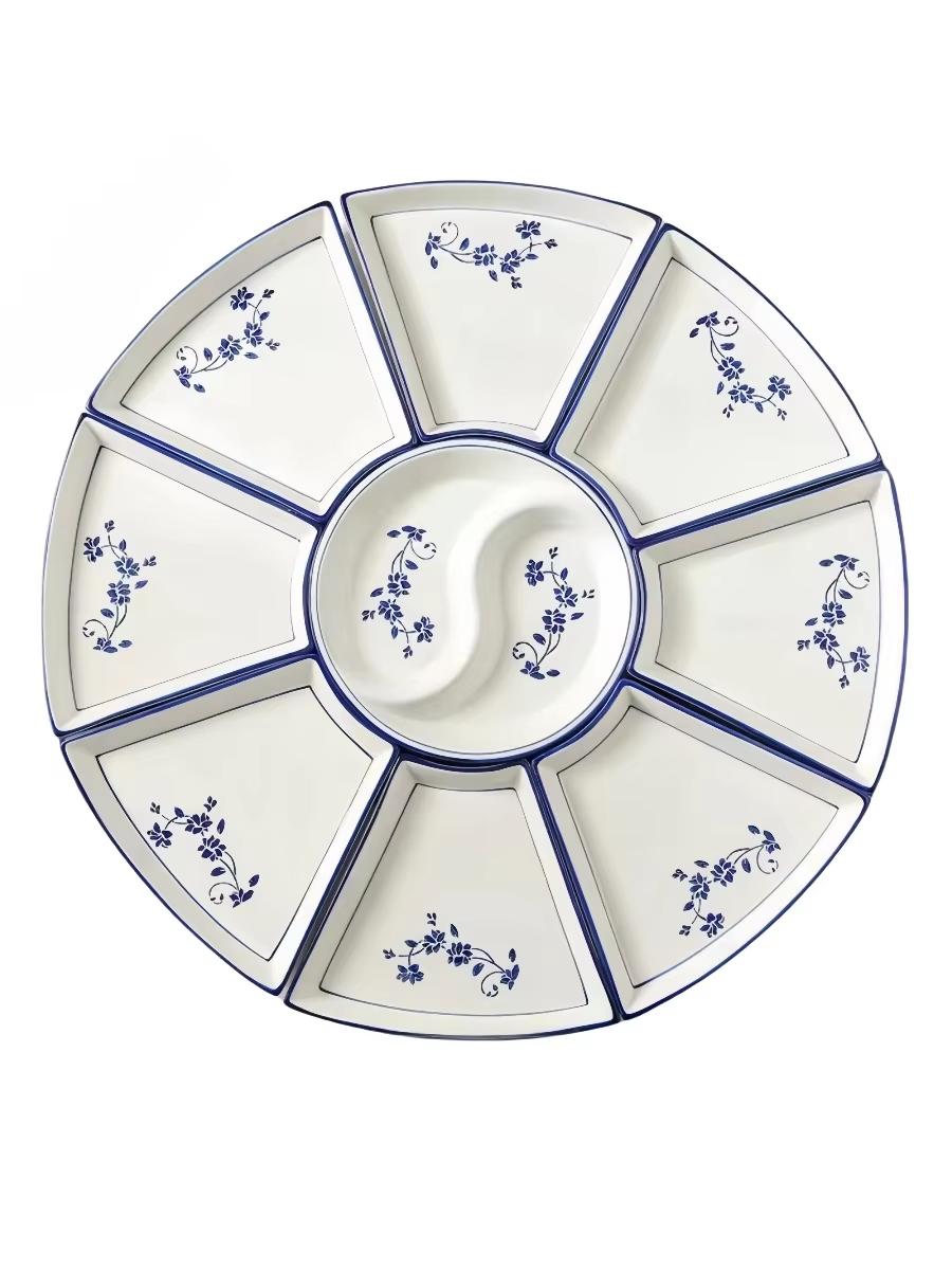 

Набір синьо-білого порцелянового посуду, обідній стіл для сімейного зібрання, посуд для подачі страв для возз єднання гарячих горщиків, сервірувальні тарілки