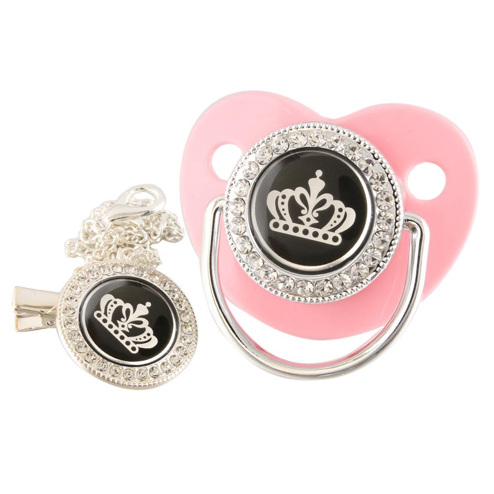 High-End Gold Diamond Baby Pacifier with Cartoon Crown and Chain Clip