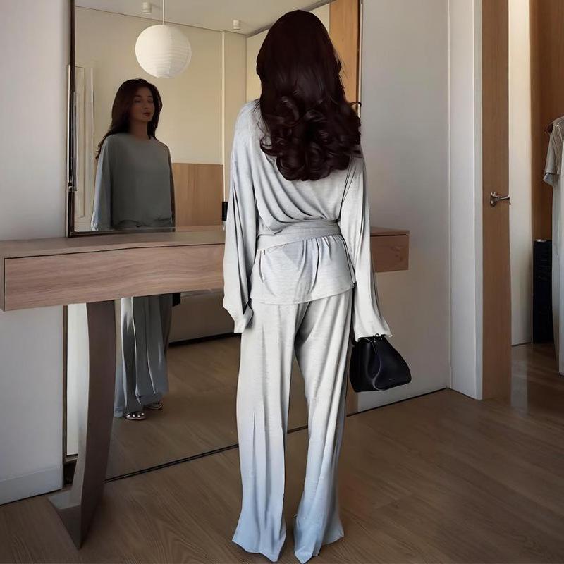Damen Einfarbiges Langarm-Oberteil zum Binden und Taschen-Geradebein-Hosen-Set