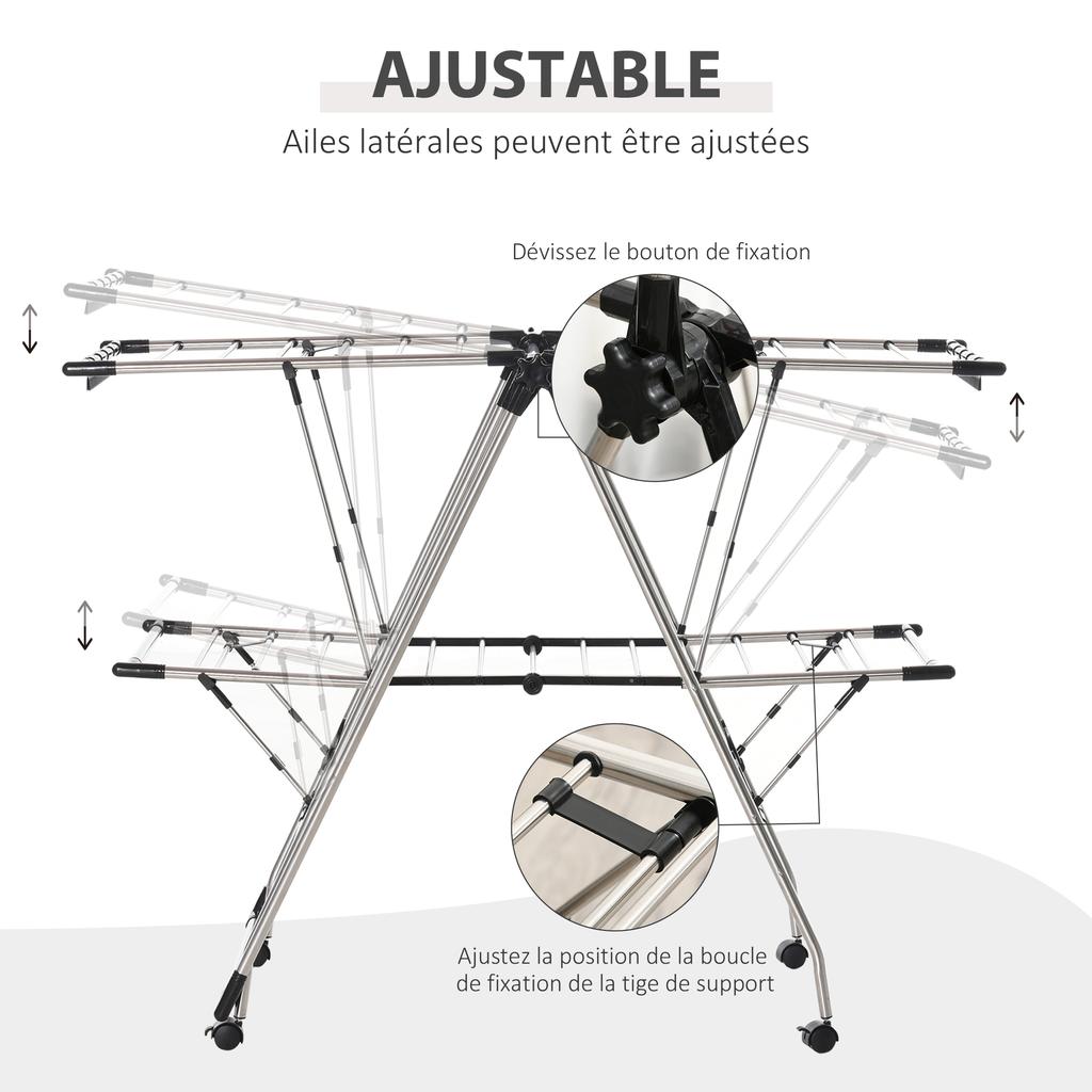 Clothes Airer Foldable Drying Rack with Wheels Large Drying Space Stainless Steel 138.5 x 63 x 208 cm
