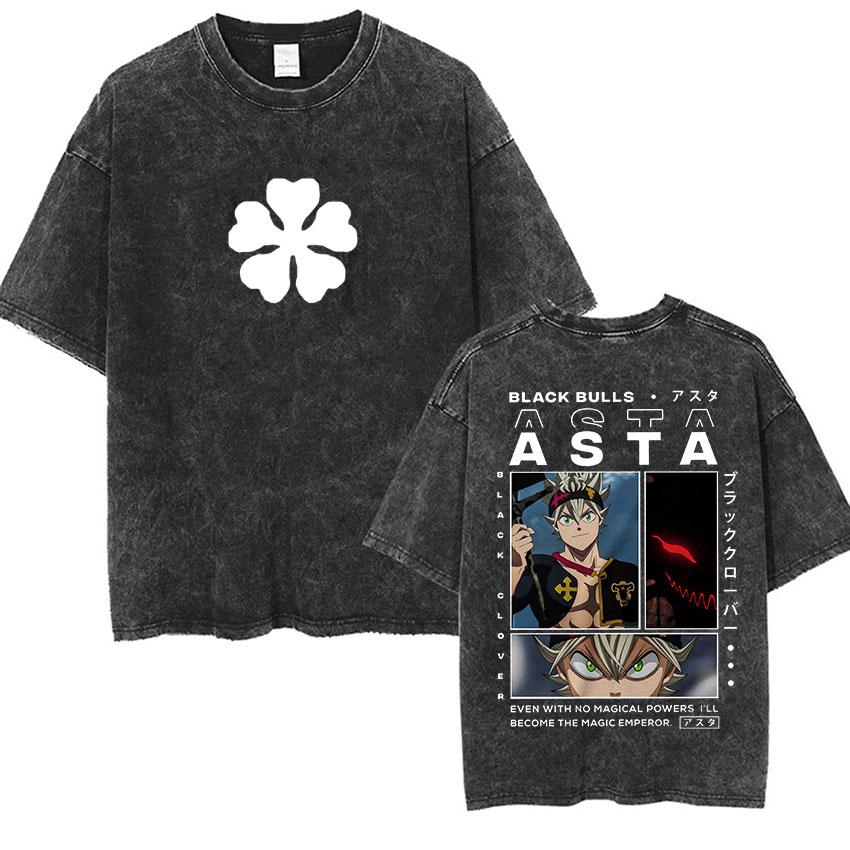 Vintage Washed Black Clover Asta Anime Oversized T-shirt Man's Fashion Loose O-Neck T-shirts Summer High Quality Cotton T Shirts