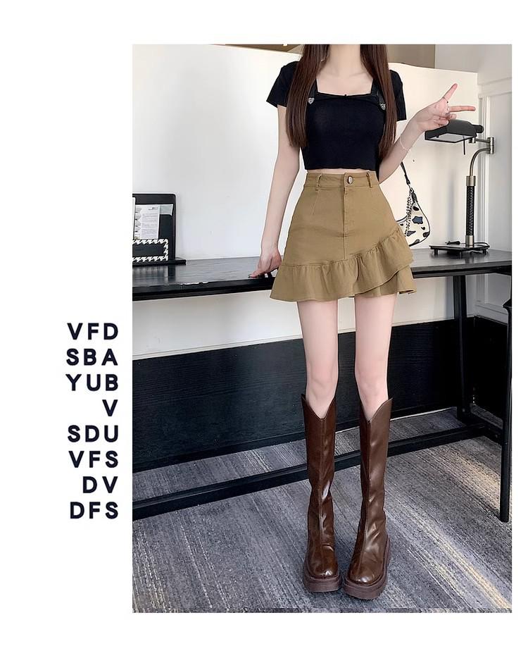 Damen Schwarzer High Waist A-Linien Midi-Rock mit Rüsche - Frühling/Sommer Schlankmachendes und Anti-Expositions-Design