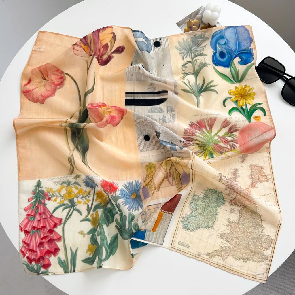 New spring and summer light and breathable 61 * 61cm square scarf versatile printed mulberry silk cotton blended women's silk scarf