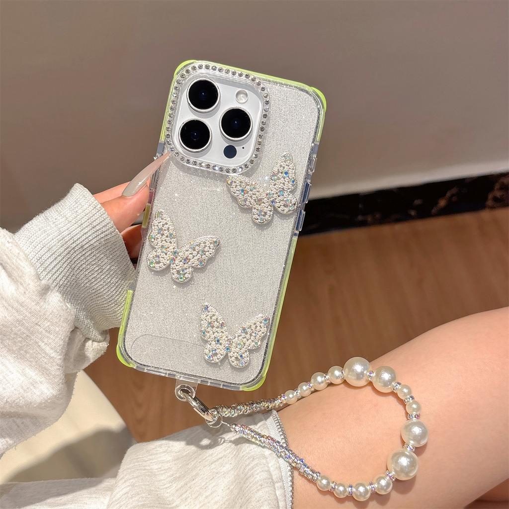 Für iPhone 16 Pro Hülle Glitzer Strassstein Dekor Schmetterling TPU + PC Handyhülle mit Perlenband