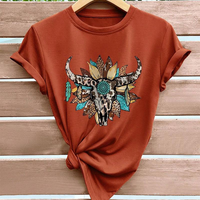 Móda Ženy Zvíře Kráva Kostra Květinový Potisk Tričko Vtipné Ležérní O-výstřih Krátký Rukáv Tričko Léto Dámské Tričko