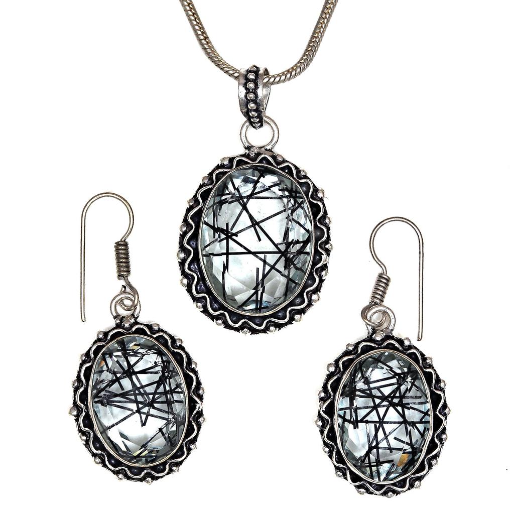 Black Rutile Set  Pendant  Jewelry Earring 18-20'' Gemstone Handmade