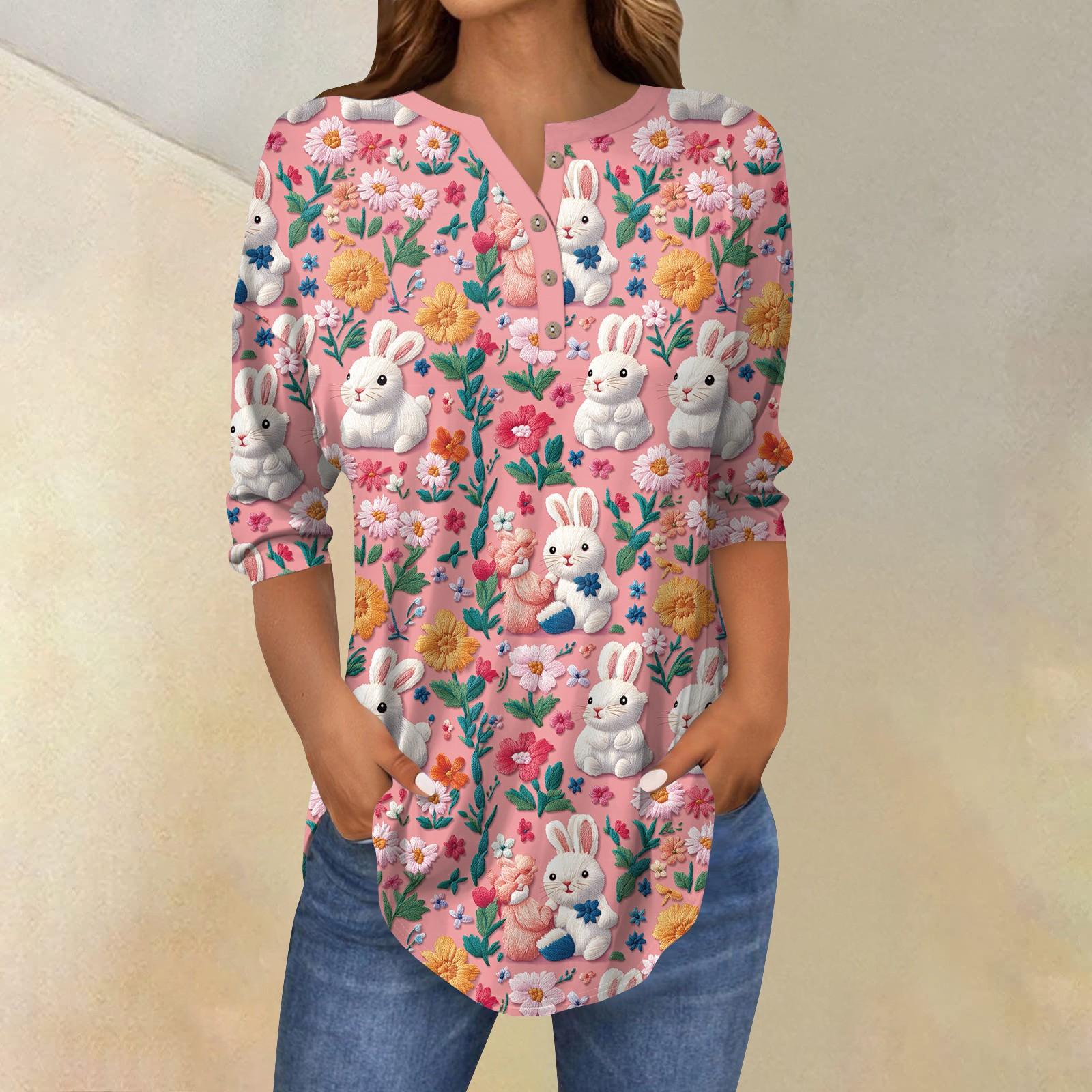 

Жіночий топ з рукавом 3/4, з принтом великоднього яйця та кролика, на ґудзиках, з модним повсякденним коміром. XXXL рожевий