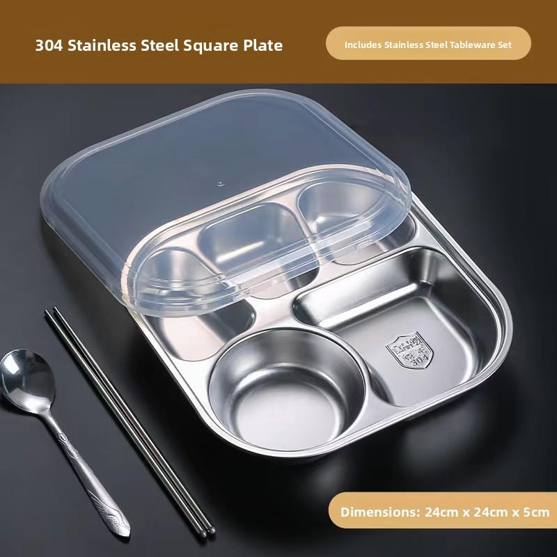 304 Food Grade Stainless Steel Meal Plate Divided with Lid Adult Three Compartment Lunch Box School Student Fast Food Plate