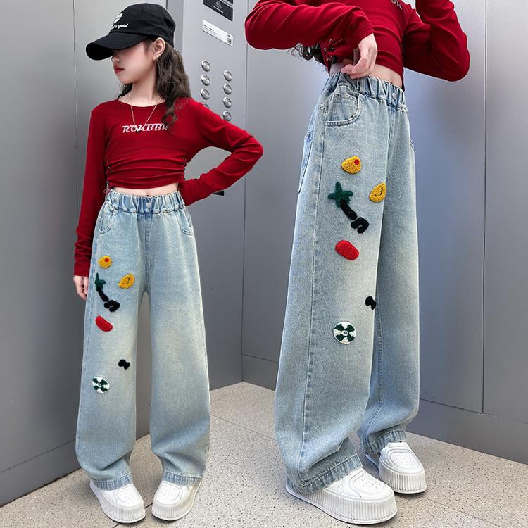 Dívčí džínové jarní a podzimní kovbojské kalhoty s širokými nohavicemi dětské dívčí podzimní kalhoty volné kalhoty