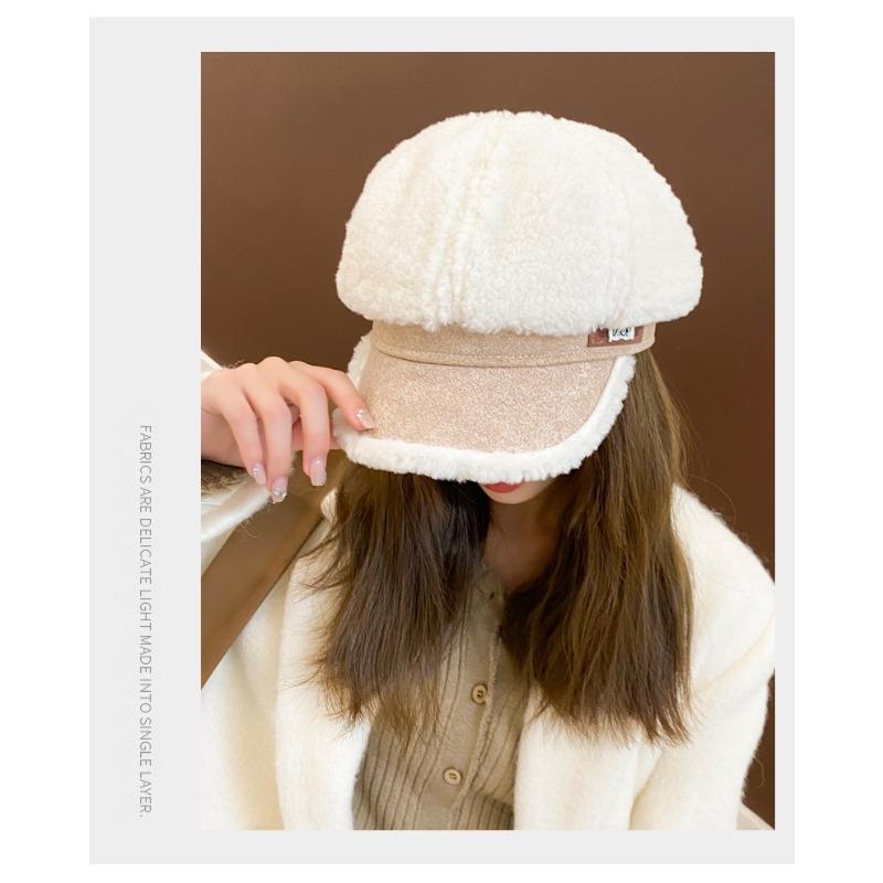 Autumn and Winter New Hat Women's Imitation Lamb Fleece Octagonal Hat Winter Warm and Cold Proof Duck Tongue Hat