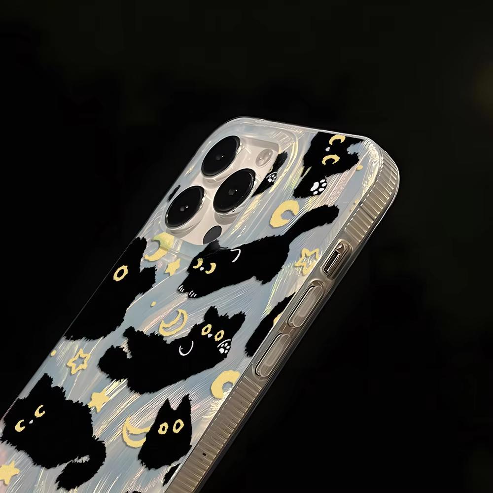 Cute Black Cat Phone Case For iPhone 17 Air 16 E 15 14 13 12 11 Pro Max Plus SE 2020 2022 Silver Feather Texture Cover