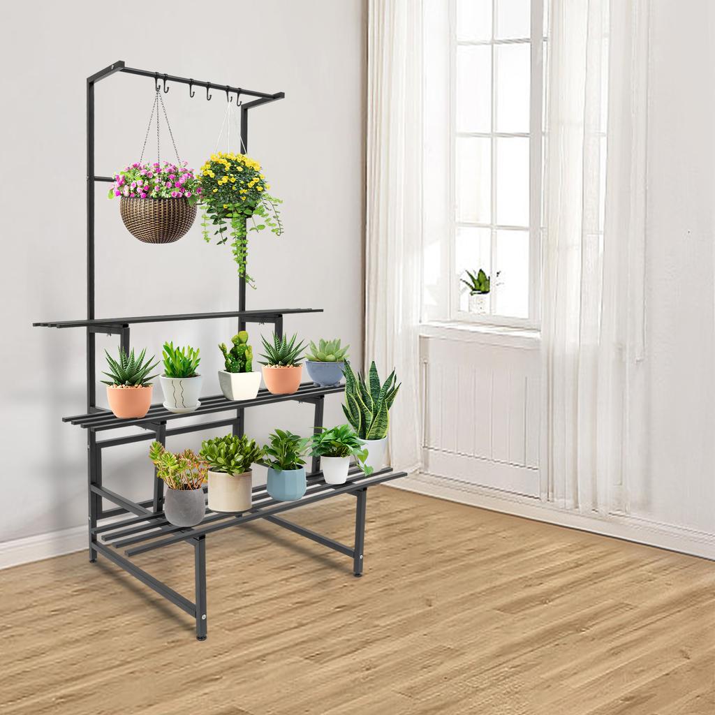 3 Tier Tall Plant Stand with Hanging Rods, 100cm Multi-Level Flower Shelf, Sturdy Metal Plant Holder for Indoor Outdoor Garden