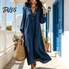 Dames lentejurken Ruches V-hals Lange jurk, Losse pasvorm Casual Midi Effen kleur Jurk Mouwen voor Herfst Vloeiend