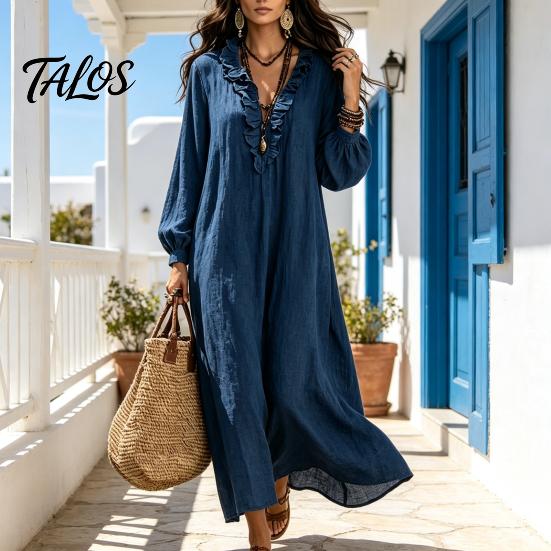 Dames lentejurken Ruches V-hals Lange jurk, Losse pasvorm Casual Midi Effen kleur Jurk Mouwen voor Herfst Vloeiend