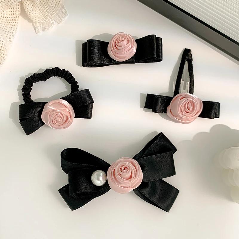 

New French Rose Hair Clips Bow Butterfly Flower Hairpin Women High Ponytail Hair Ties Rubber Bands Girls Hair Accessories