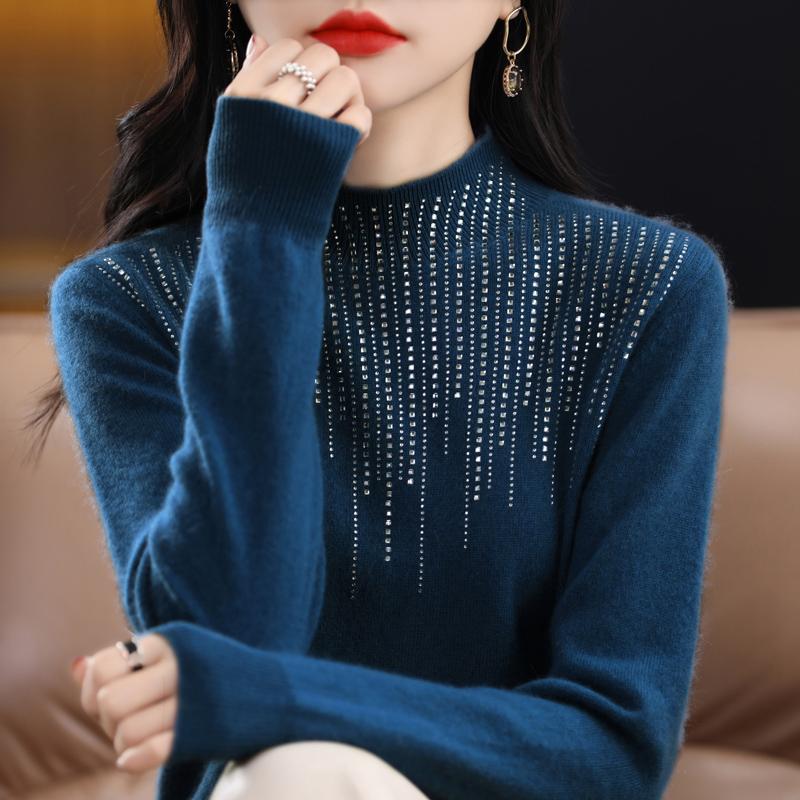 Women's Half Turtleneck Diamond Sweater, Qinghe Cashmere, 30% Cashmere 70% Wool, Winter Knitted Pullover Autumn Sweater Cashmere Sweater