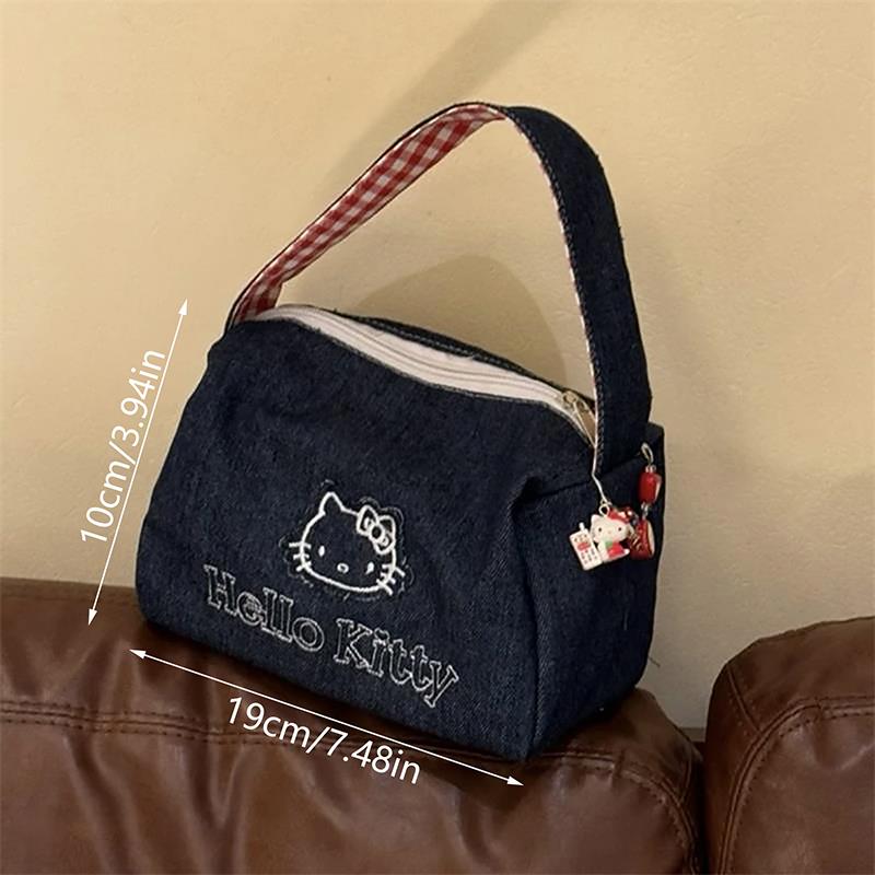 Cute Hello Kitty Denim Cosmetic Bag Large Capacity Vintage Contrast Plaid Handbag Portable Storage Bag Girl Kt Bag Gifts