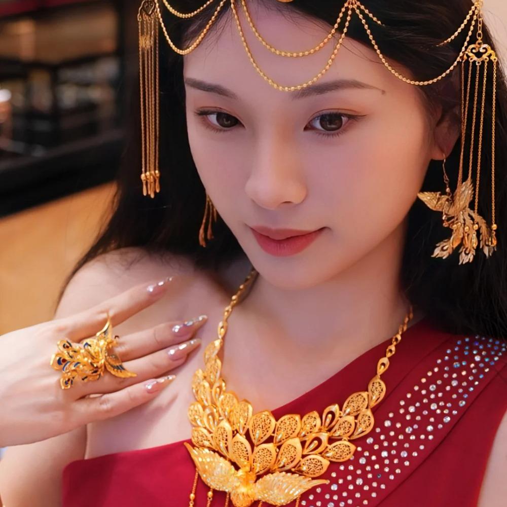 Gradient Enamel Phoenix Ring Vintage Gold Feng Wu Jiu Tian Jewelry for Women Chinese Palace Style Feather Design