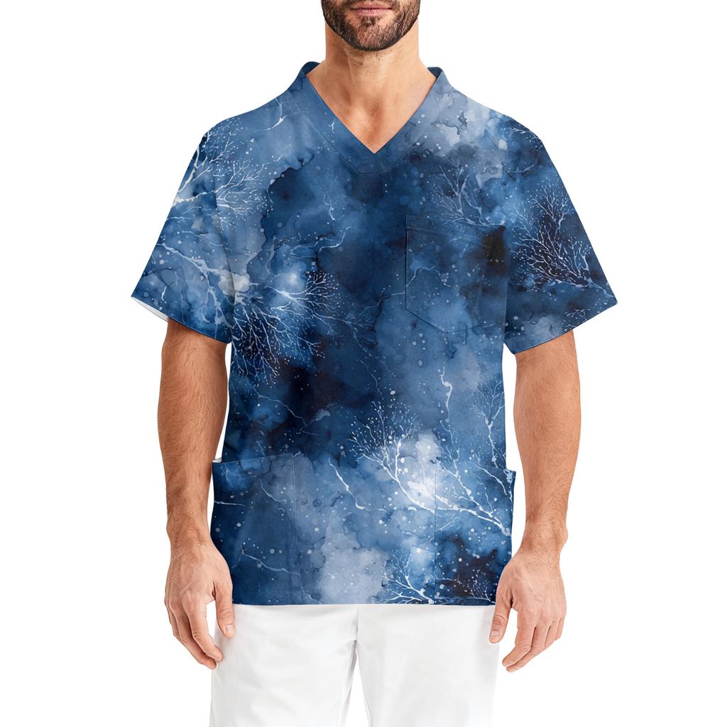 Men's Printing Short Sleeve V,neck Working Blouse Chest Pocket Carer Top