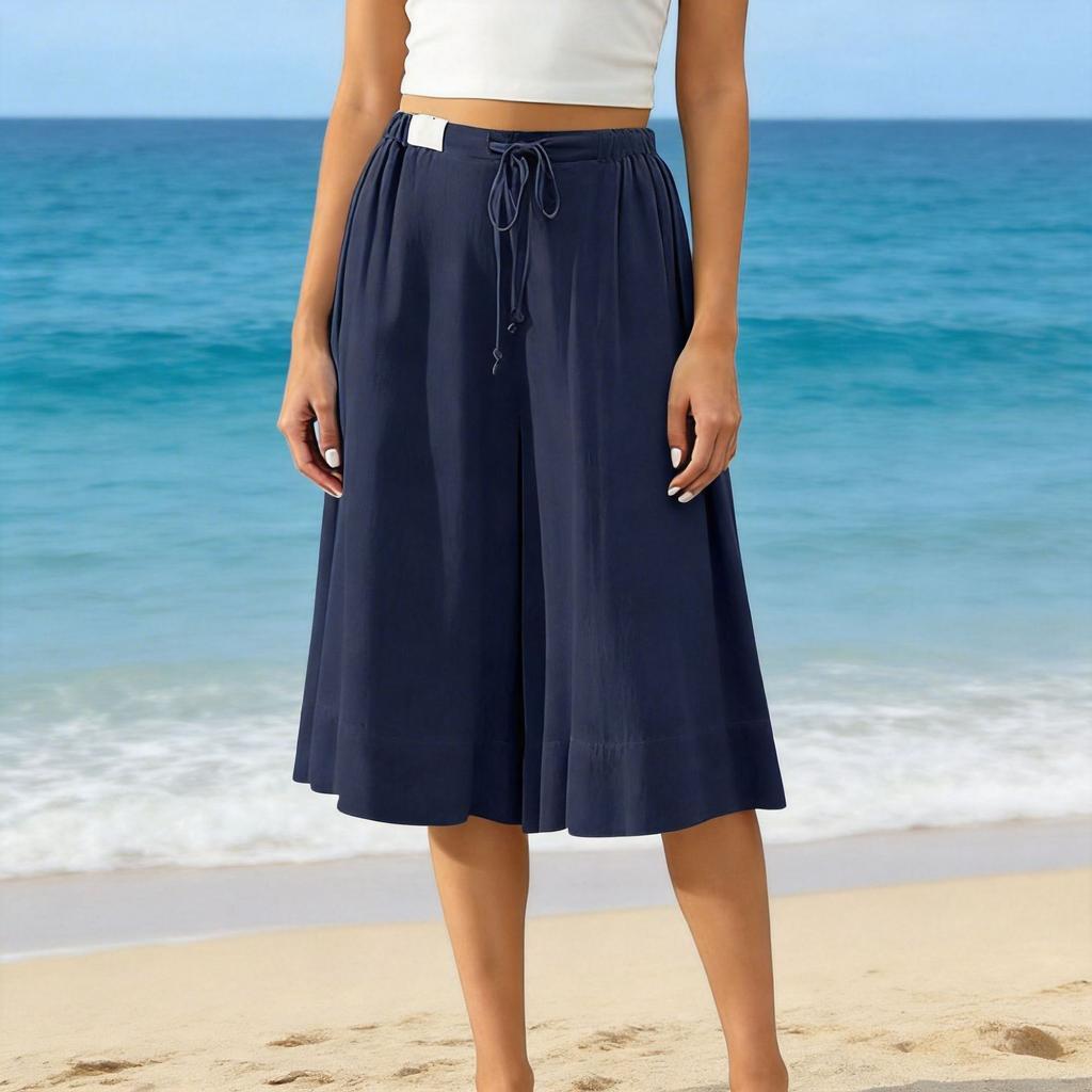 Women’s Wide Leg Culottes Drawstring Waist Loose Fit Pleated Midi Skirt Pants Soft Lightweight Fabric