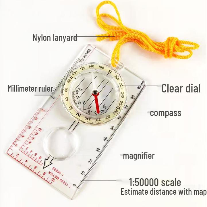Transparent Compass with Scale, Rubber Ring, Magnifying Glass for Orienteering & Hiking