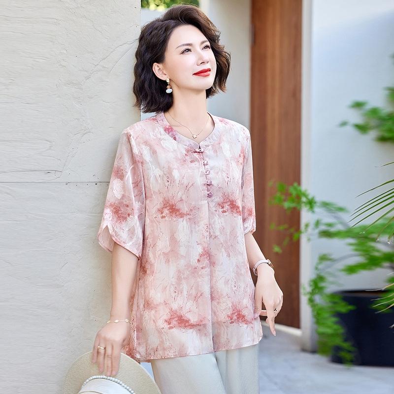 

2026 Summer Chinese Fashion Loose T-Shirt for Women Aged 40-50 4XL (Recommended for 135-150 jin) рожевий