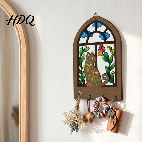 Key Hanger for Bedroom Door Bohemian Wooden Hanger Decorative Wall Mounted Holder with 4 Metal Boho Style Decor Hooks Artistic Hanging Hook Entryway