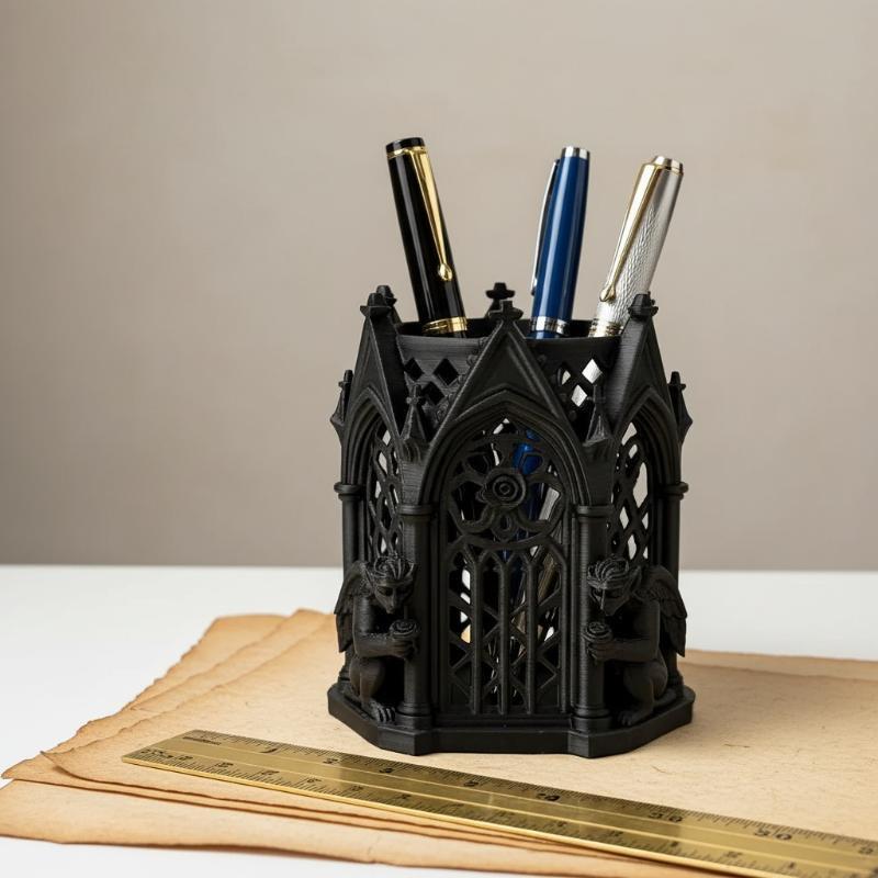 3D Printed Gothic Pen Holder Multifunctional Storage Box Eco-friendly Material for Office Stationery Vanity Use