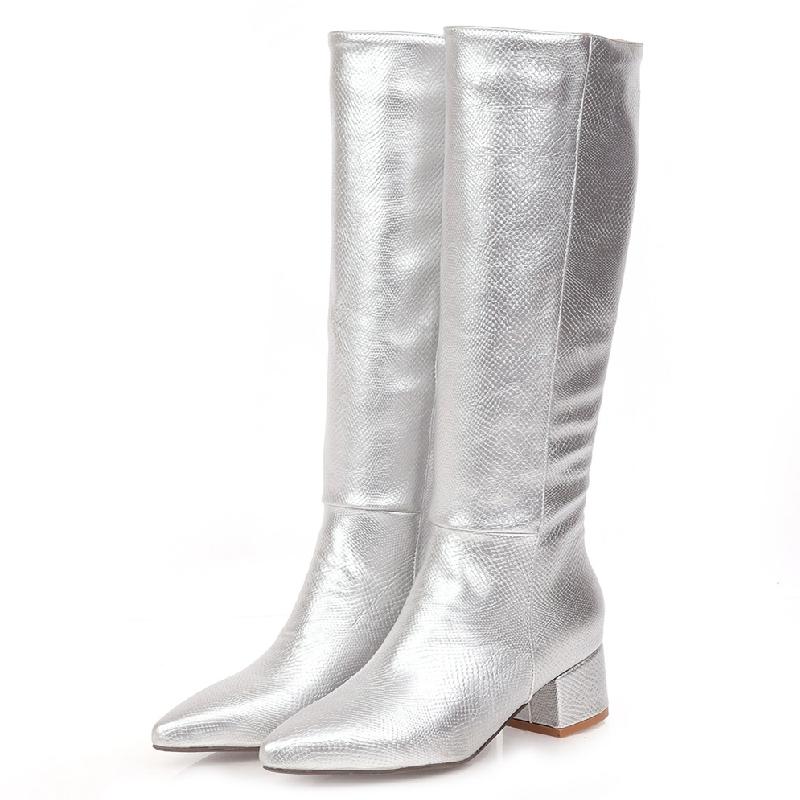 Western Cowboy High Boots for Women Winter Knee High Boots Snake Leather Pointed Low Heels Casual Long Shoes Female Large Size