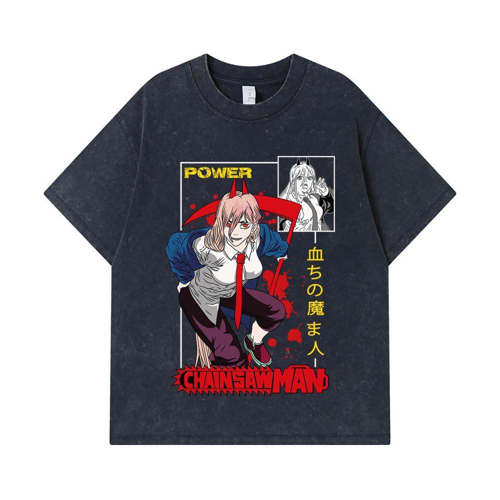 275 GSM Washed T-shirts 100% Cotton Chainsaw Man V40 Power Print Unisex Heavy Cotton T Shirt
